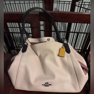 Authentic Coach Purse Ivory & Black Color Block Hallie Pebbled Leather